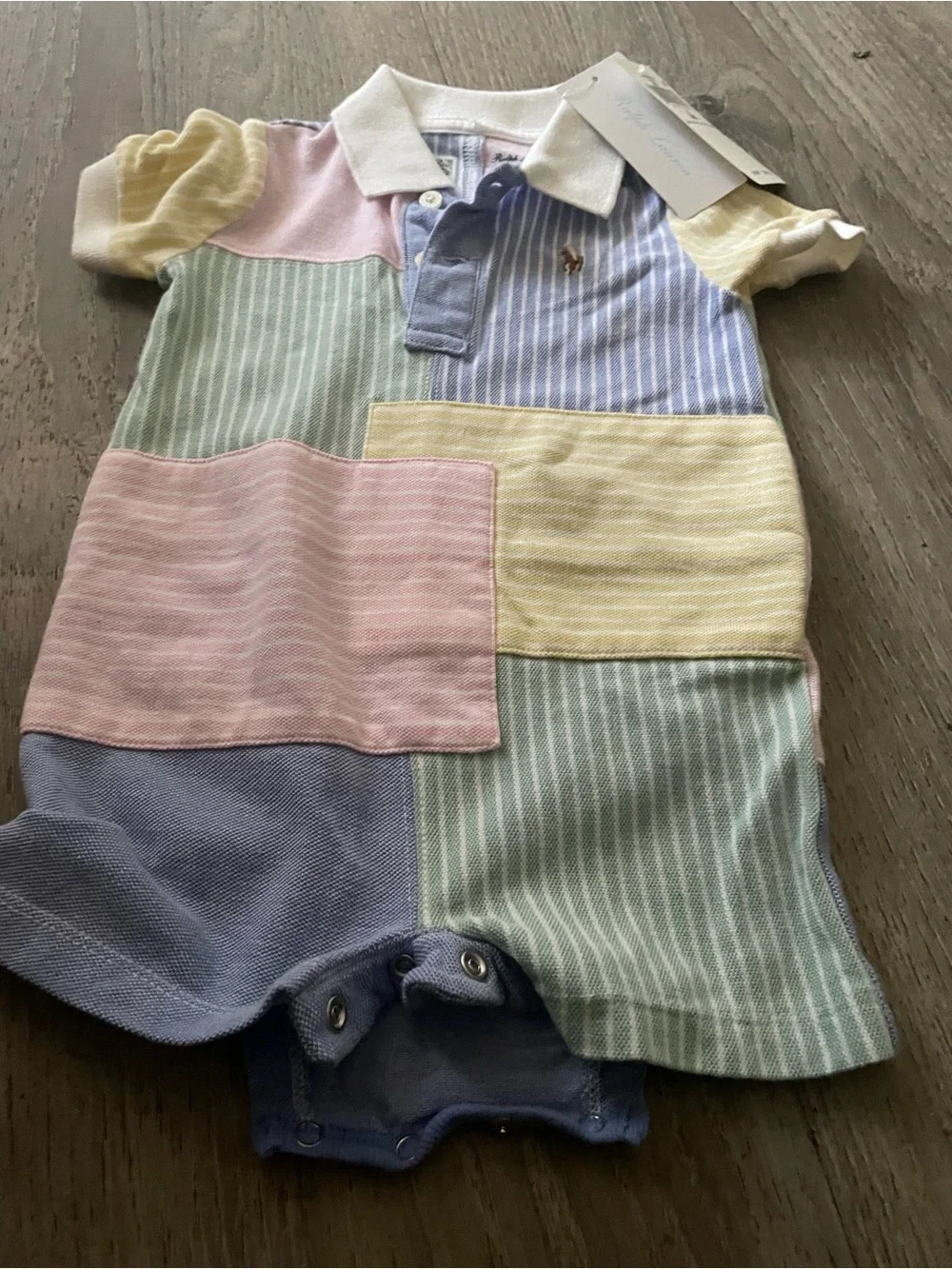 Ralph Lauren Pastel Patchwork Polo Romper - Pink Blue Yellow Green